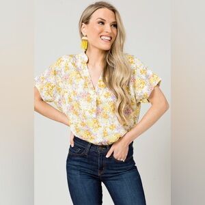 Karlie Floral V Neck Top in Yellow